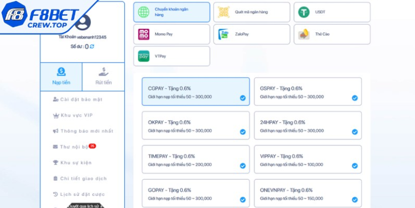 Nạp tiền F8bet